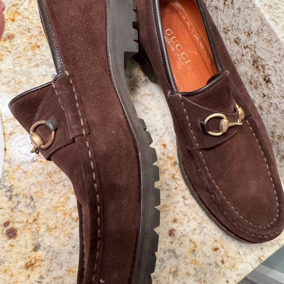 Gucci Women's Brown Suede Loafers with Gold Accents - Picture 2 of 12